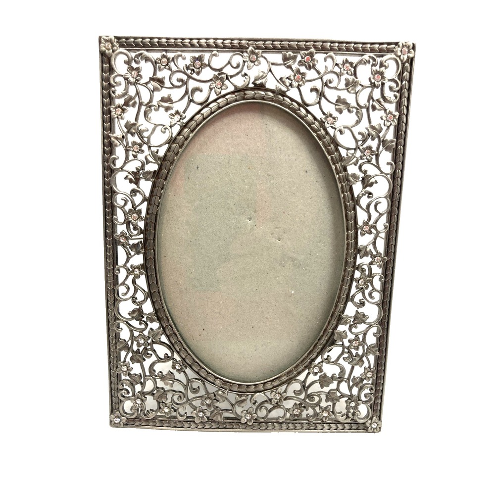Vtg Pewter Picture Frame Filligre Oval 4x6  Beautiful Flower and‎ Swirl Design